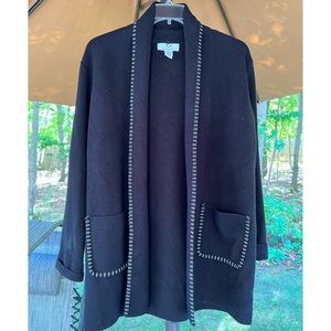 Magaschoni black tunic length cardigan with whip stitching. Size XL